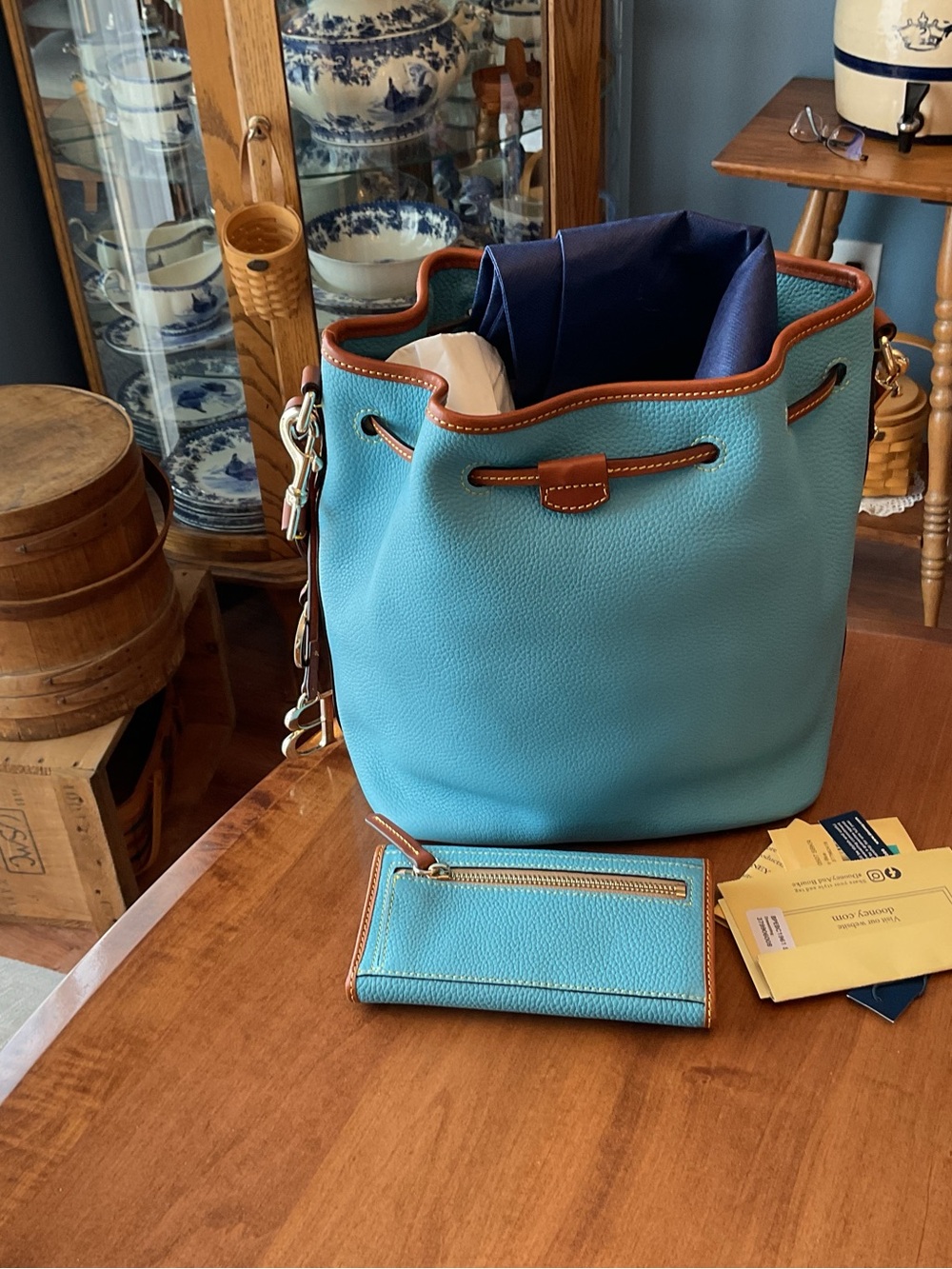 Dooney & Bourke Sky Blue pebble Drawstring Bucket Bag with Matching Wallet - Picture 2 of 15